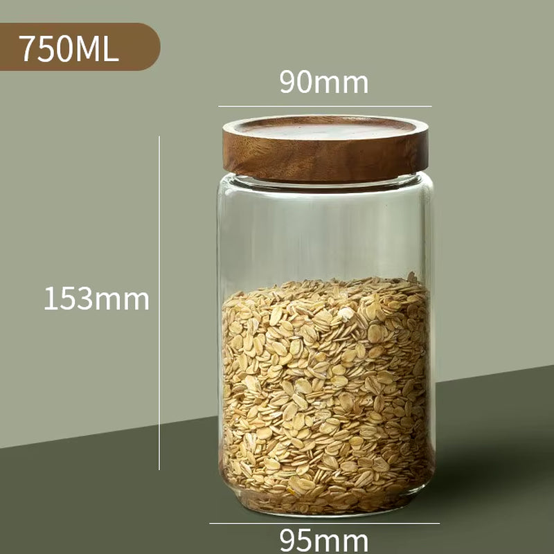 Elegant Glass Airtight Canister with Wood Lid – Perfect for Kitchen Storage of Grains, Coffee, Tea, and More!