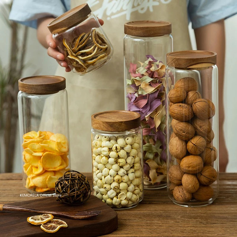 Elegant Glass Airtight Canister with Wood Lid – Perfect for Kitchen Storage of Grains, Coffee, Tea, and More!