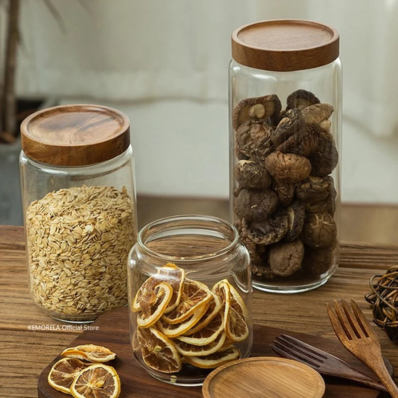 Elegant Glass Airtight Canister with Wood Lid – Perfect for Kitchen Storage of Grains, Coffee, Tea, and More!